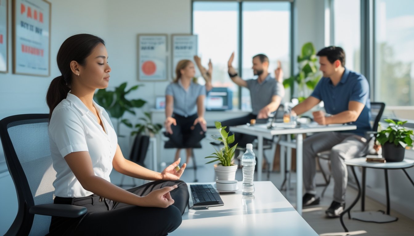 Beberapa pekerja kantor yang sedang bermeditasi, melakukan peregangan, dan berbincang santai di ruang kantor yang terang dengan tanaman hijau.