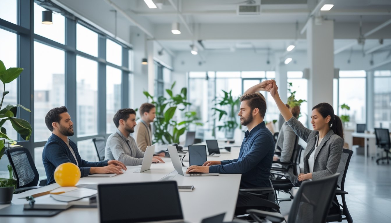 Orang-orang di kantor melakukan teknik relaksasi sederhana di meja kerja dengan suasana yang tenang dan nyaman.