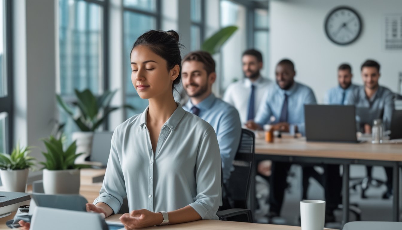 Beberapa pekerja kantor sedang beristirahat dan bermeditasi di lingkungan kantor yang tenang dan nyaman.