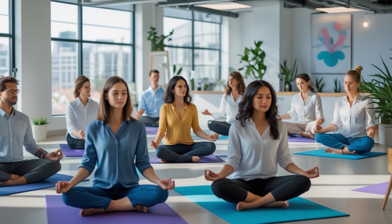 Sekelompok karyawan sedang mengikuti sesi meditasi di ruang kantor yang terang dan nyaman untuk mendukung kesehatan mental.