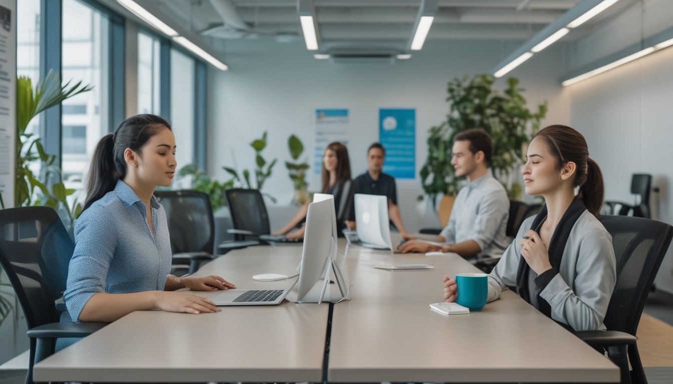 Karyawan di kantor melakukan aktivitas menjaga kebugaran mental seperti peregangan, latihan pernapasan, dan istirahat santai di ruang kerja yang terang dan nyaman.