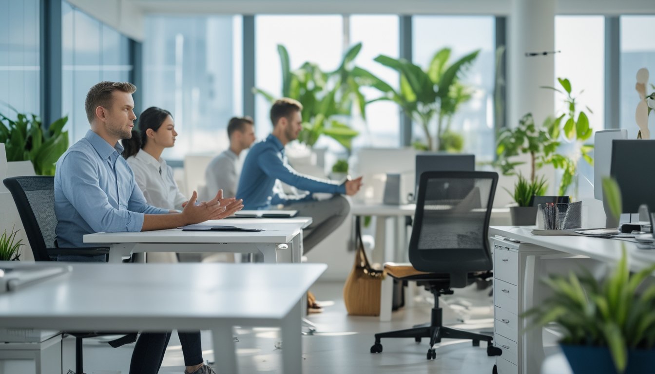 Beberapa pekerja kantor sedang melakukan teknik relaksasi seperti pernapasan dalam, peregangan, dan meditasi di ruang kerja yang terang dan penuh tanaman hijau.