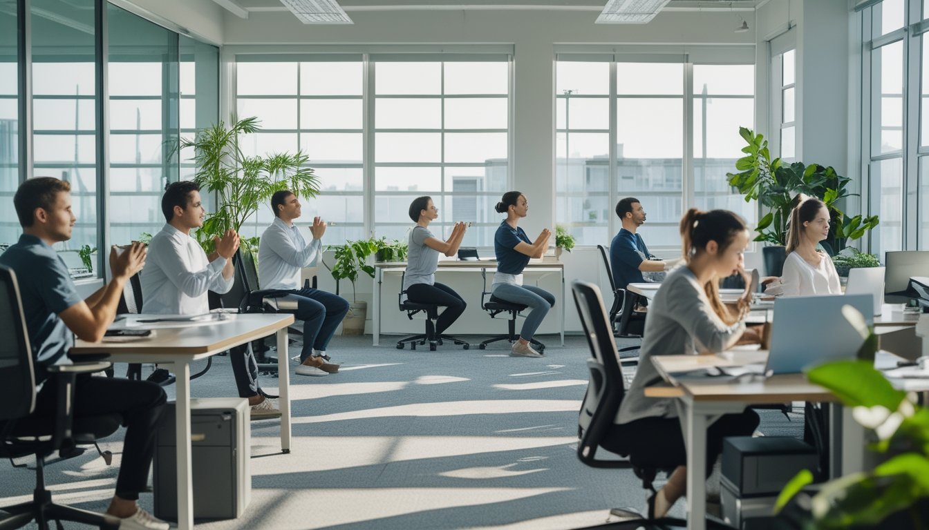 Sejumlah karyawan kantor sedang melakukan teknik relaksasi seperti peregangan dan latihan pernapasan di ruang kerja modern yang terang dan nyaman.