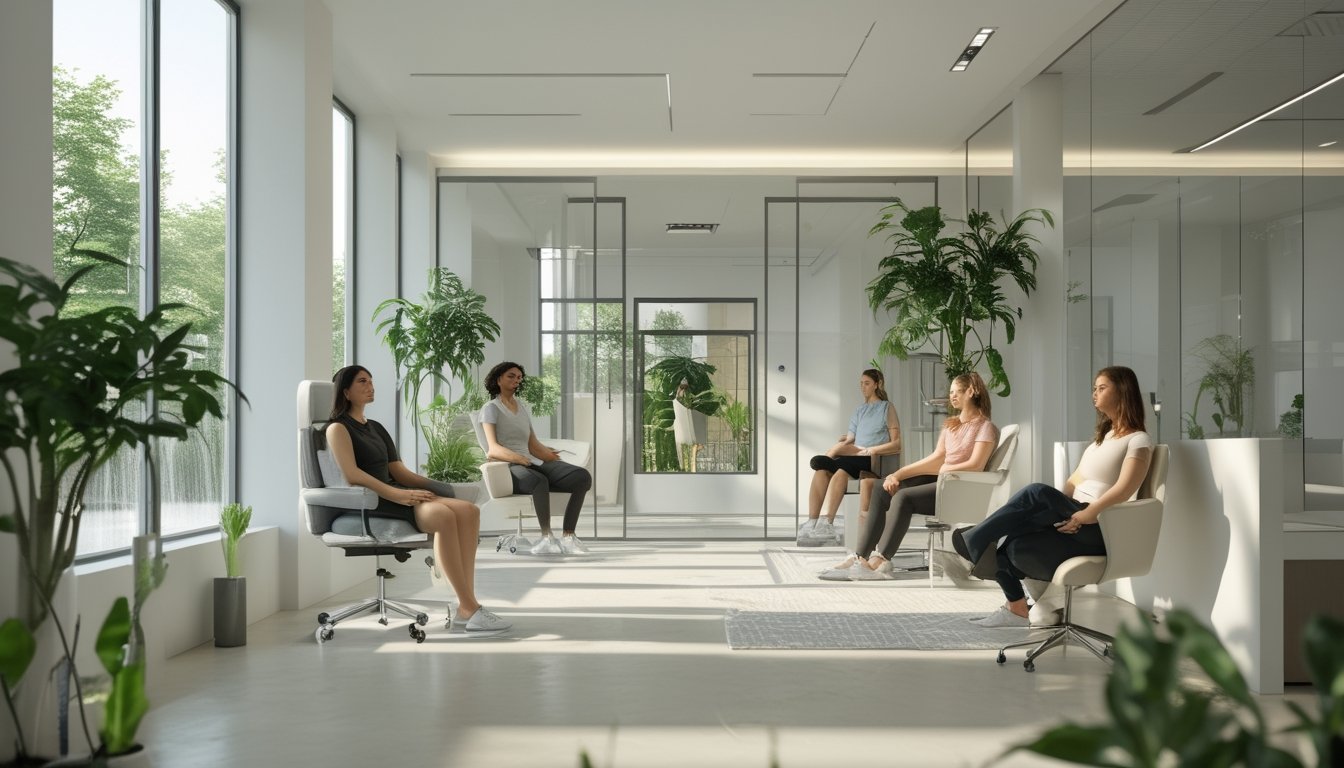 Sejumlah karyawan di kantor modern sedang melakukan teknik relaksasi seperti meditasi, pernapasan dalam, dan peregangan di ruang kerja yang terang dengan tanaman hijau dan cahaya alami.