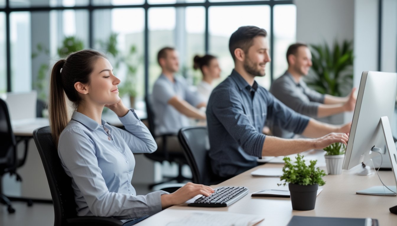 Beberapa karyawan di kantor modern sedang melakukan teknik relaksasi singkat seperti peregangan dan pernapasan di tempat kerja.