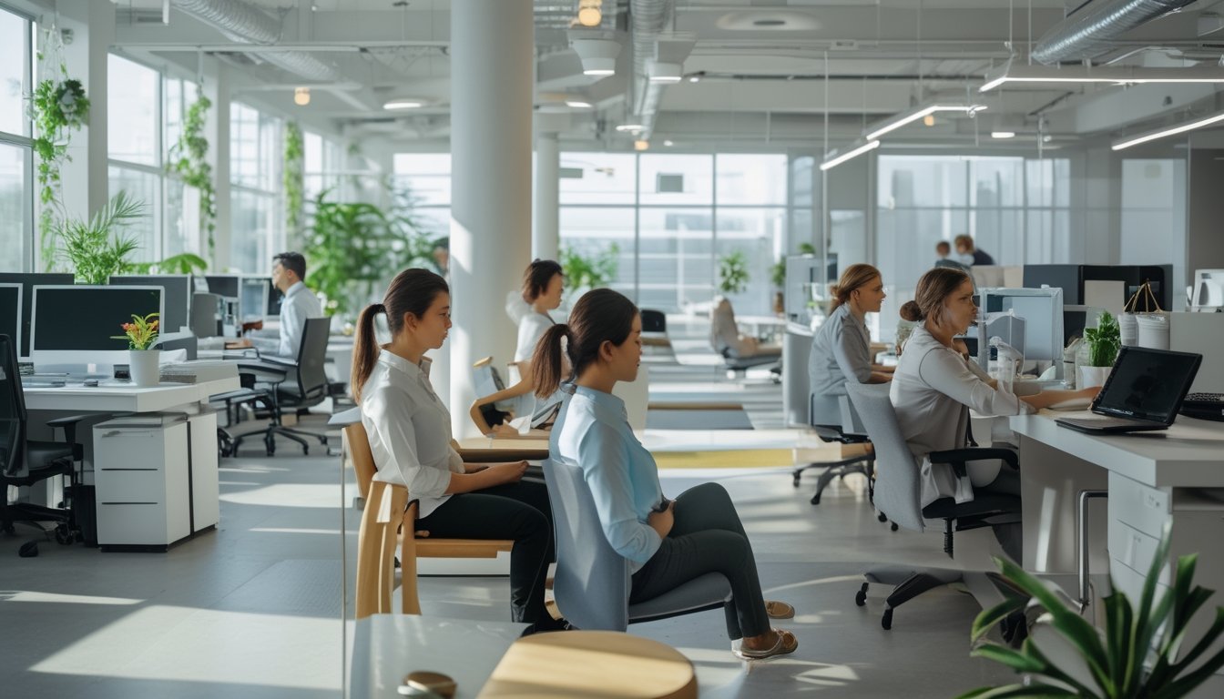 Beberapa karyawan di kantor modern sedang melakukan teknik relaksasi seperti meditasi dan peregangan untuk meningkatkan fokus kerja.