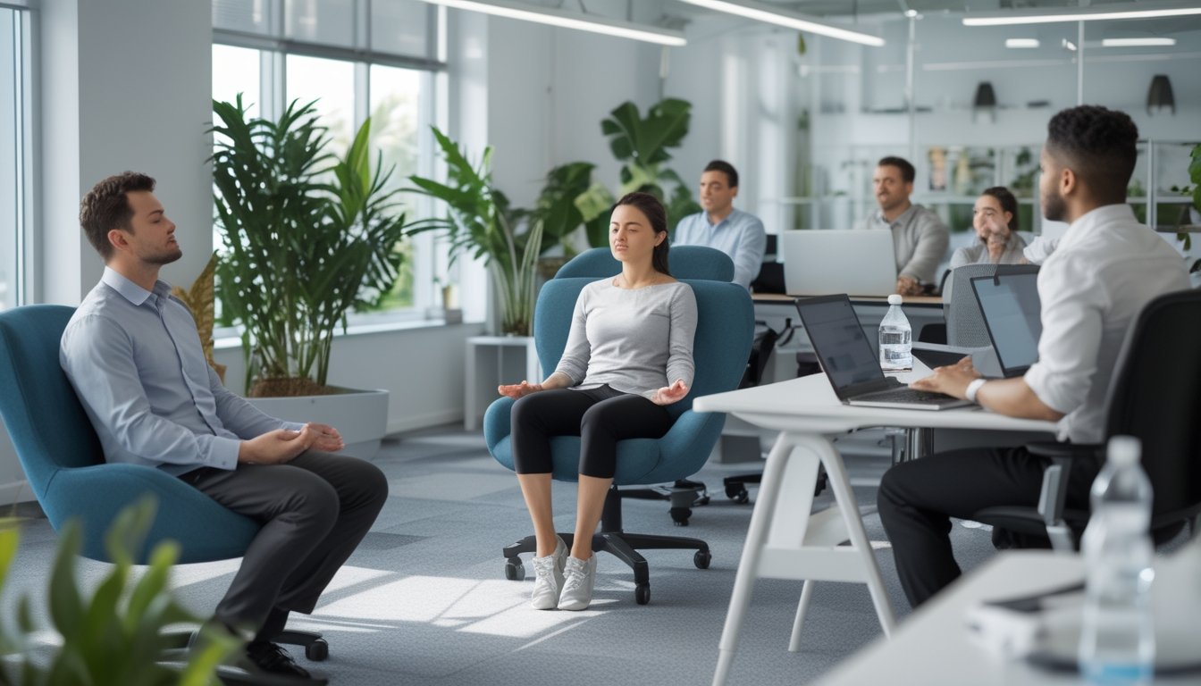 Sejumlah karyawan di kantor modern sedang beristirahat dan melakukan teknik relaksasi seperti pernapasan dalam dan peregangan ringan.