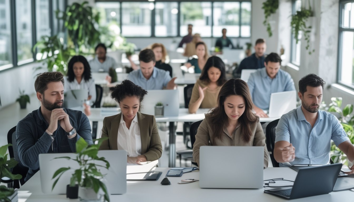 Sejumlah pekerja kantor sedang melakukan teknik relaksasi seperti peregangan dan meditasi di ruang kantor yang terang dan nyaman.