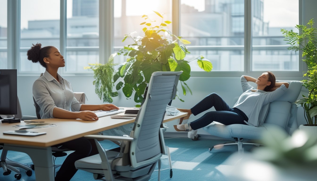 Beberapa pekerja kantor sedang melakukan teknik relaksasi seperti pernapasan dalam, peregangan, dan meditasi di ruang kerja yang terang dengan tanaman hijau.