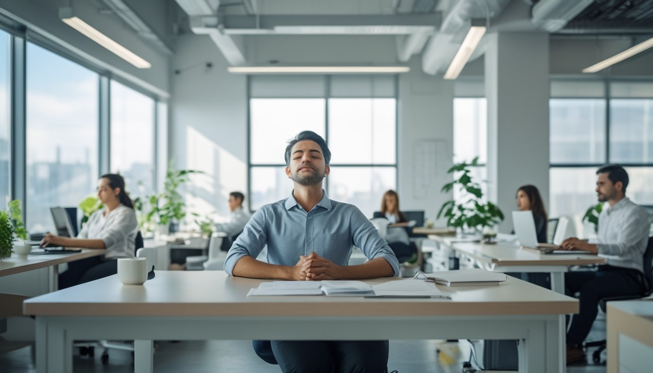 Karyawan di kantor modern sedang melakukan teknik relaksasi sederhana di tempat kerja saat jam sibuk.