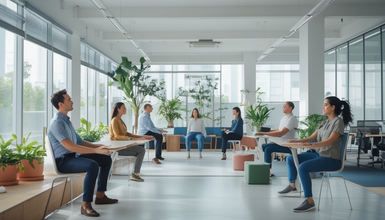 Sejumlah karyawan di kantor modern sedang melakukan teknik relaksasi seperti pernapasan dalam dan peregangan untuk mengurangi kecemasan.