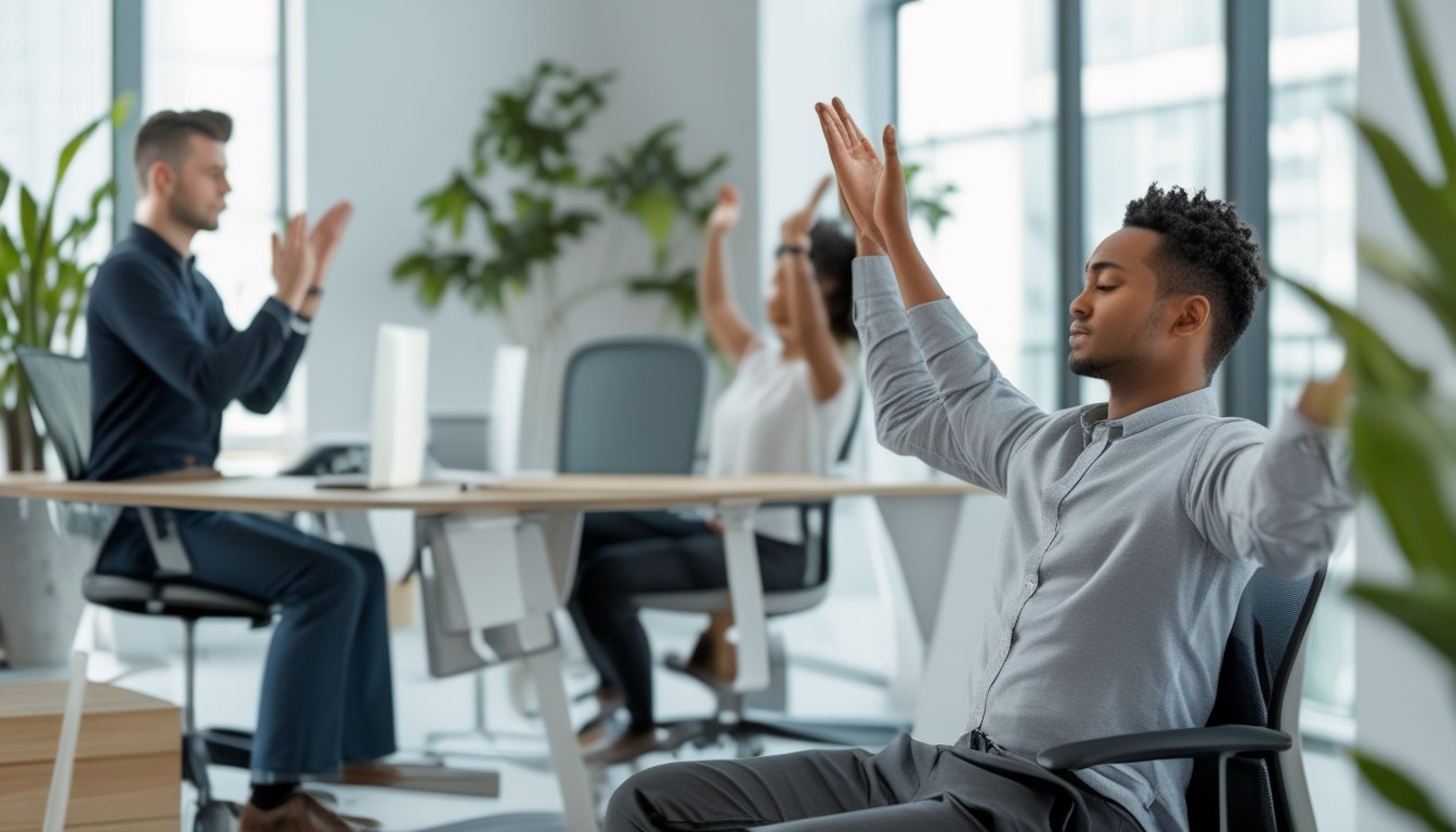 Sejumlah pekerja di kantor modern sedang melakukan teknik relaksasi seperti pernapasan dalam, peregangan, dan meditasi untuk mengatasi stres akibat deadline ketat.