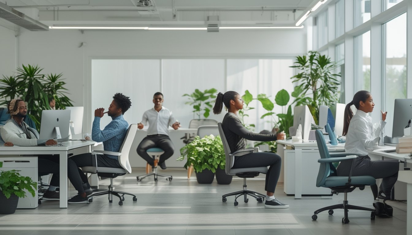 Sejumlah pekerja kantor sedang melakukan teknik relaksasi seperti peregangan dan meditasi di ruang kerja yang terang dan rapi.