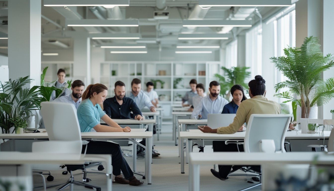 Beberapa karyawan di kantor modern sedang melakukan teknik relaksasi seperti peregangan dan meditasi singkat di lingkungan kerja yang terang dan rapi.