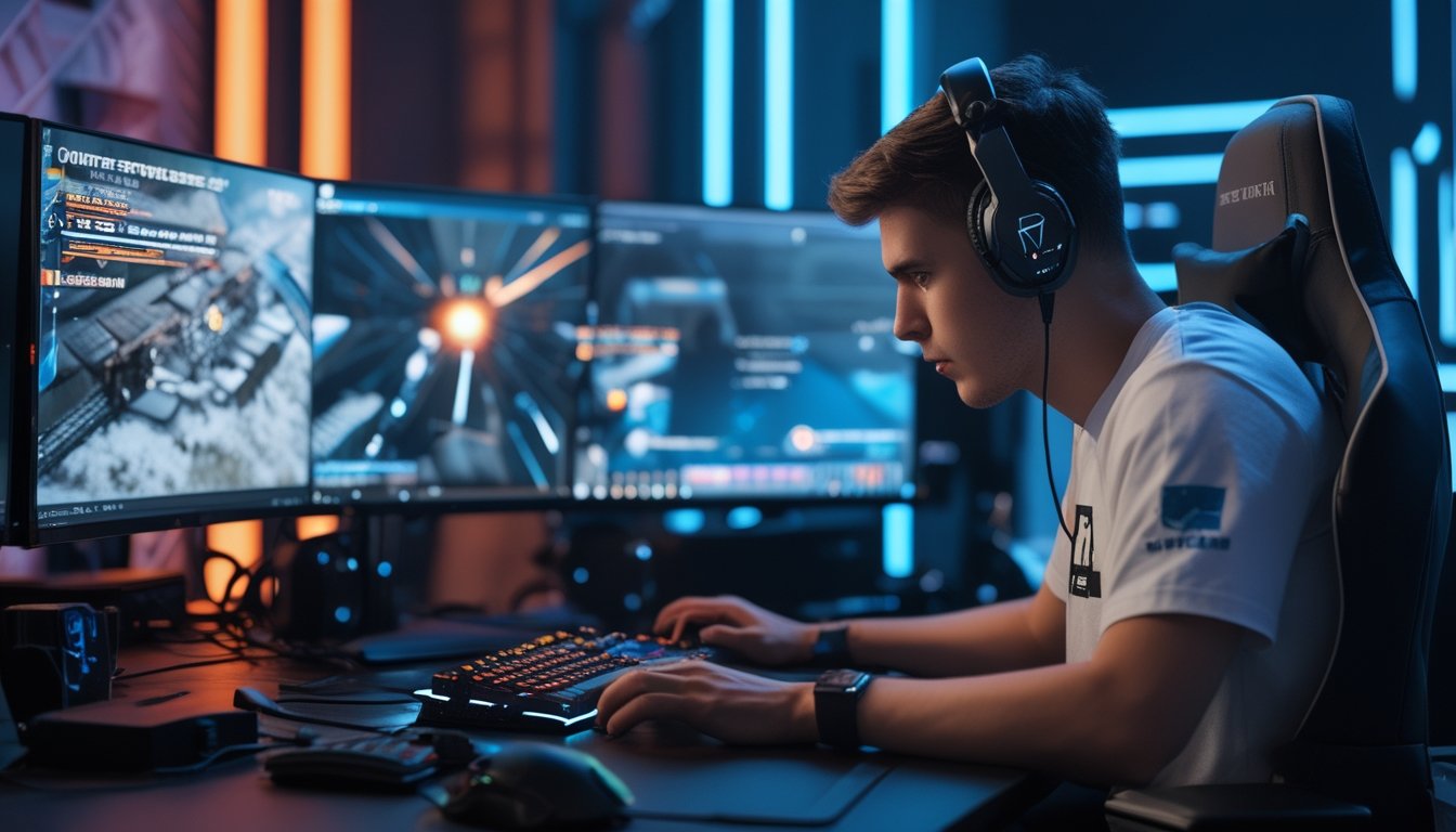 Seorang pemain esports sedang bermain game di depan beberapa monitor dengan suasana gaming modern dan pencahayaan neon.
