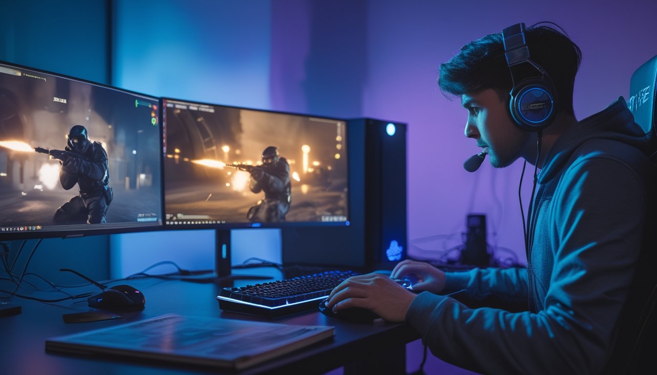 Seorang gamer fokus bermain Counter-Strike 2 di depan komputer dengan dua monitor, dikelilingi perlengkapan gaming di meja.