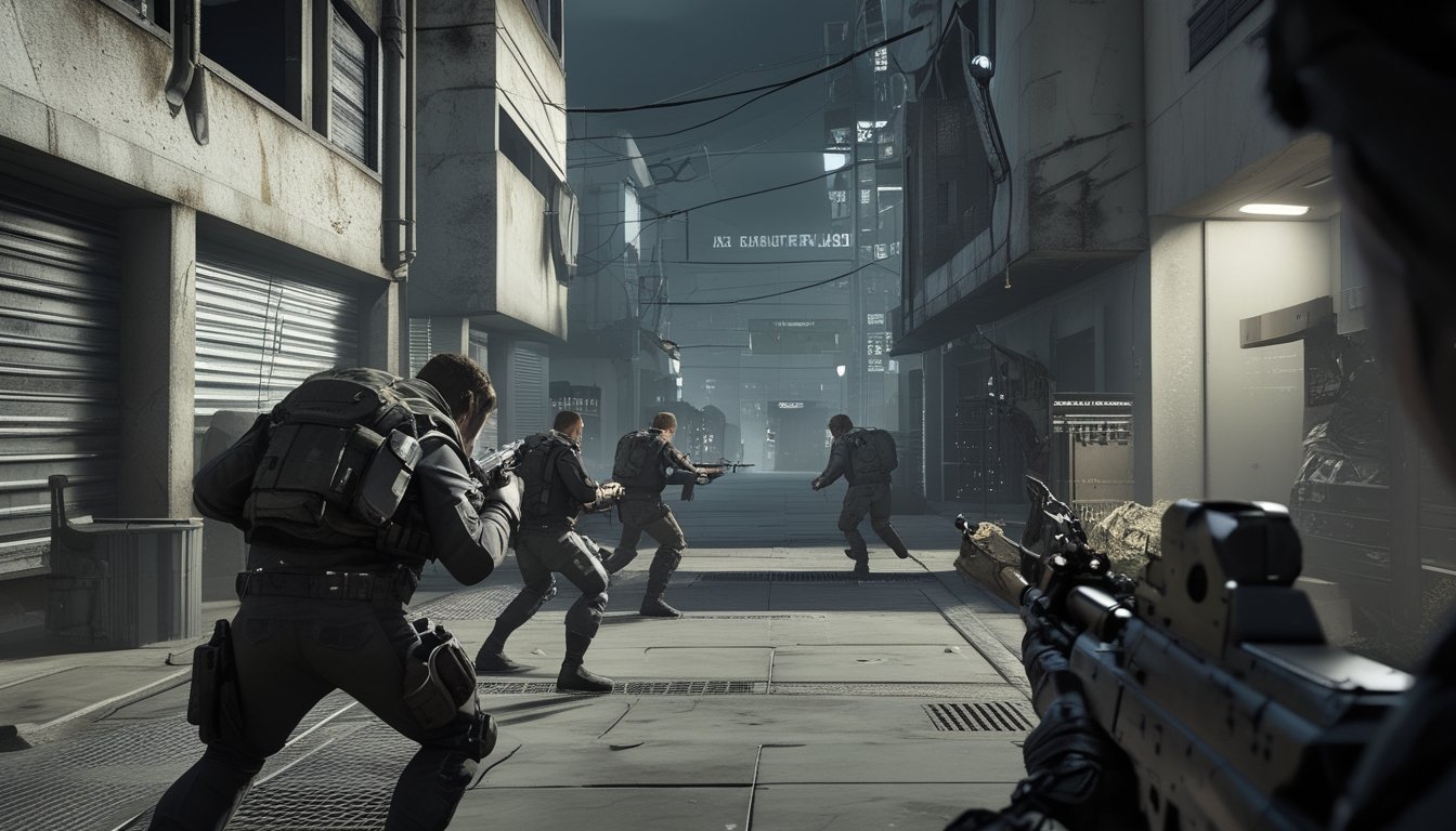 Adegan pertempuran video game tembak-menembak di lingkungan perkotaan futuristik dengan beberapa pemain menggunakan senjata modern.