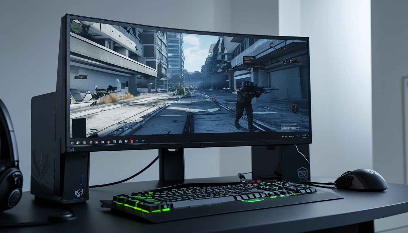 Sebuah setup komputer modern dengan monitor besar menampilkan permainan video tembak-menembak di lingkungan kota, dikelilingi oleh perangkat gaming seperti keyboard dan mouse.