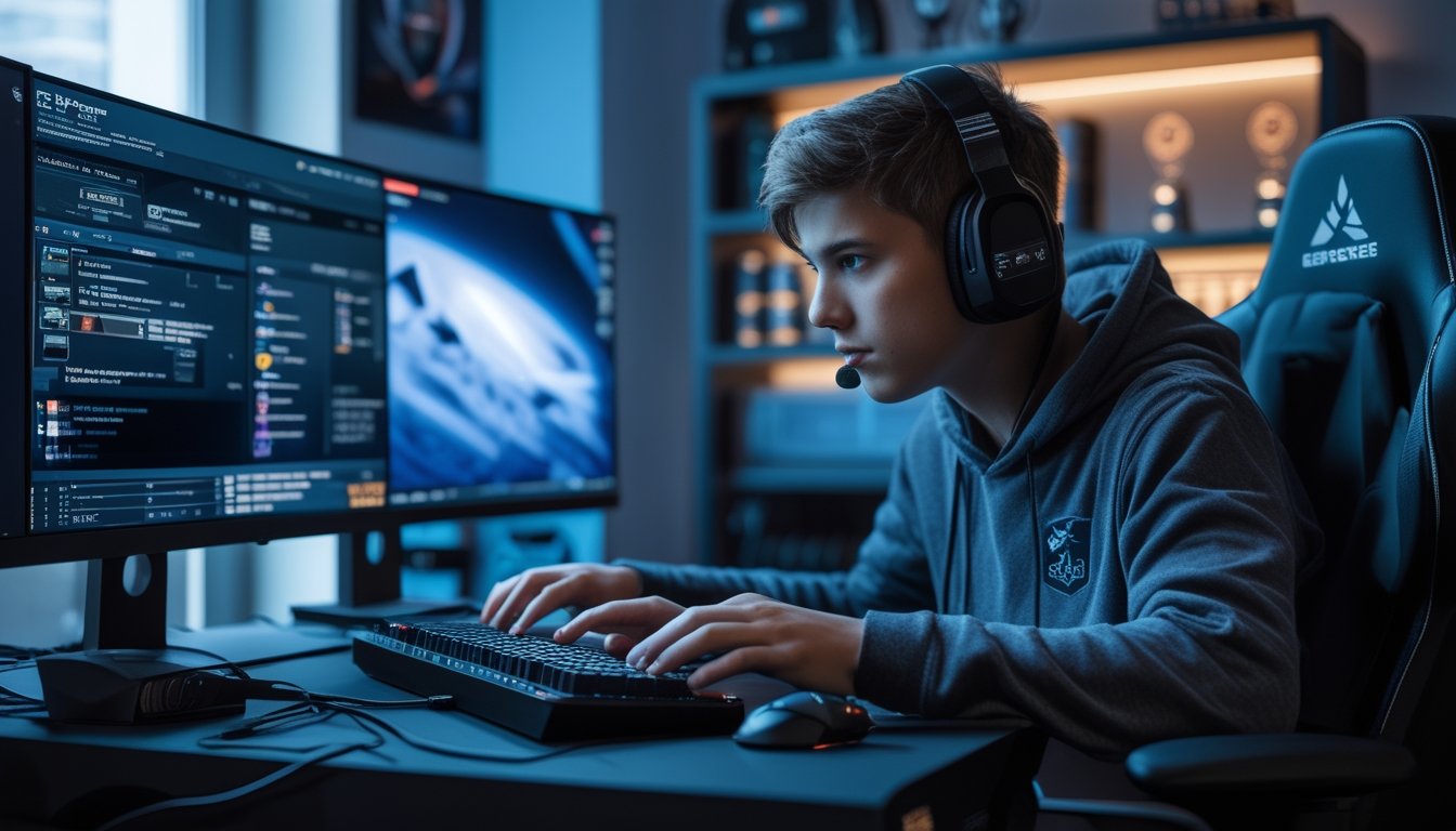 Seorang gamer muda sedang fokus bermain Counter-Strike 2 di depan komputer dengan beberapa monitor dan perlengkapan gaming di sekitarnya.