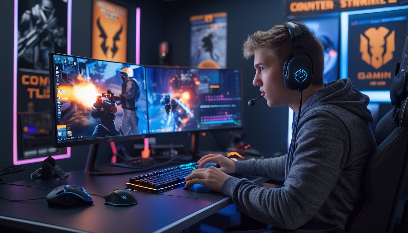 Seorang pemain muda fokus bermain game Counter-Strike 2 dengan peralatan gaming lengkap di ruangan yang diterangi lampu LED warna-warni.
