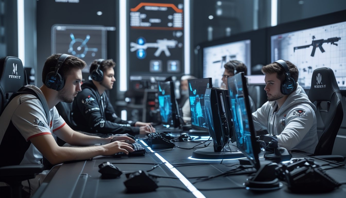 Empat pemain esports sedang fokus bermain dalam arena game modern dengan peralatan taktis dan layar besar yang menampilkan peta dan statistik senjata.