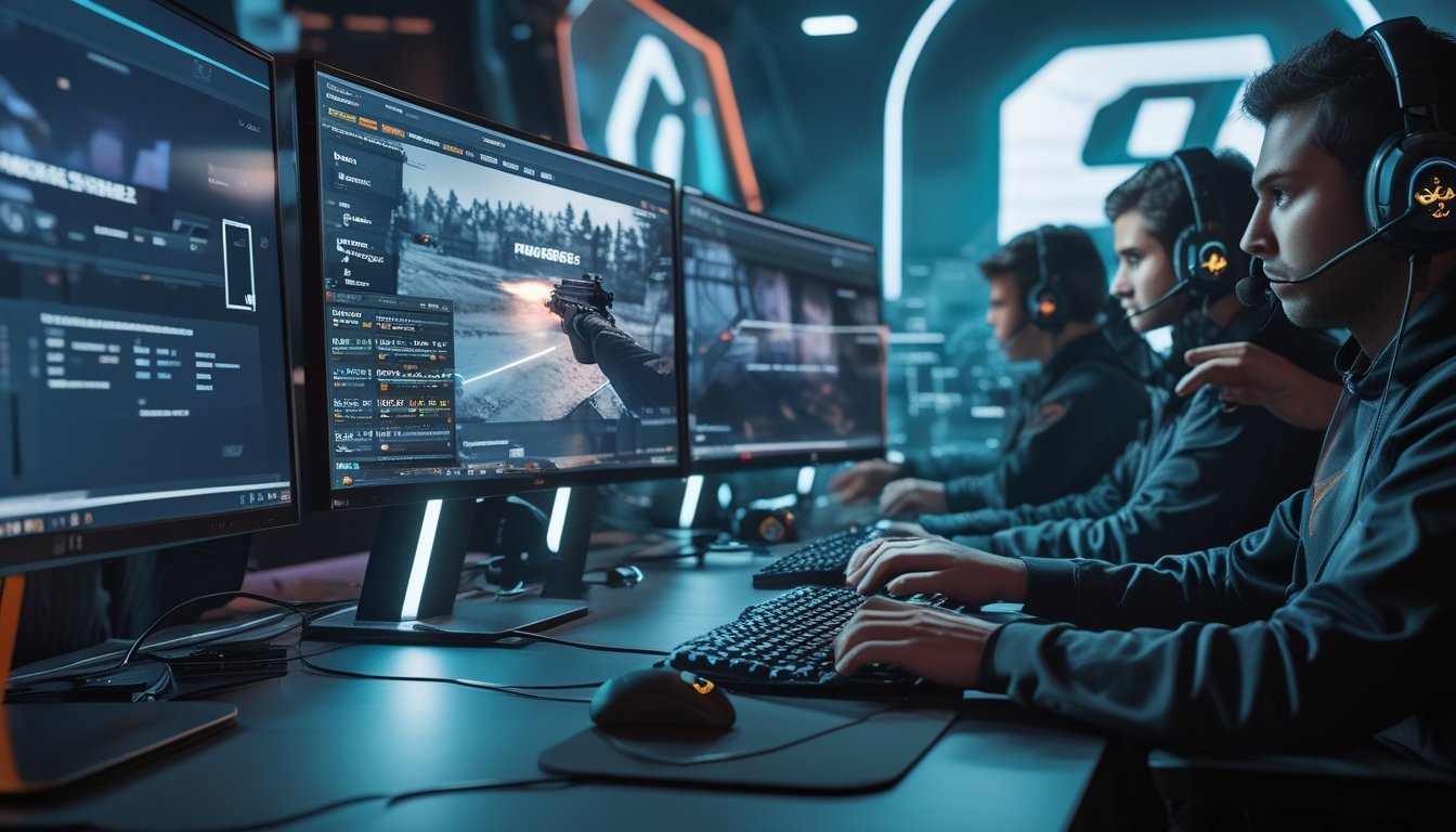 Sekelompok pemain esports sedang bermain Counter-Strike 2 dengan perangkat gaming canggih dan layar yang menampilkan gameplay kompetitif.