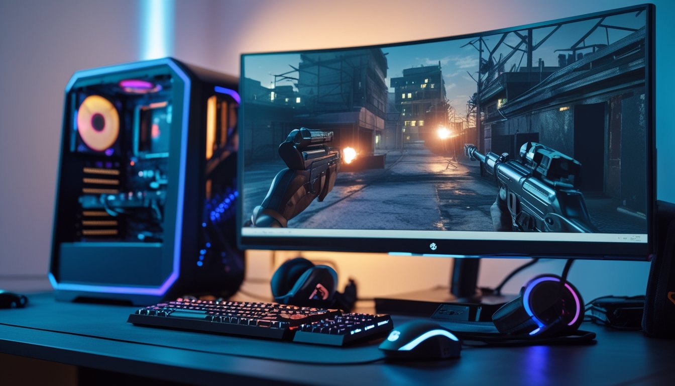 Sebuah setup gaming modern dengan komputer dan monitor yang menampilkan adegan permainan tembak-menembak futuristik.