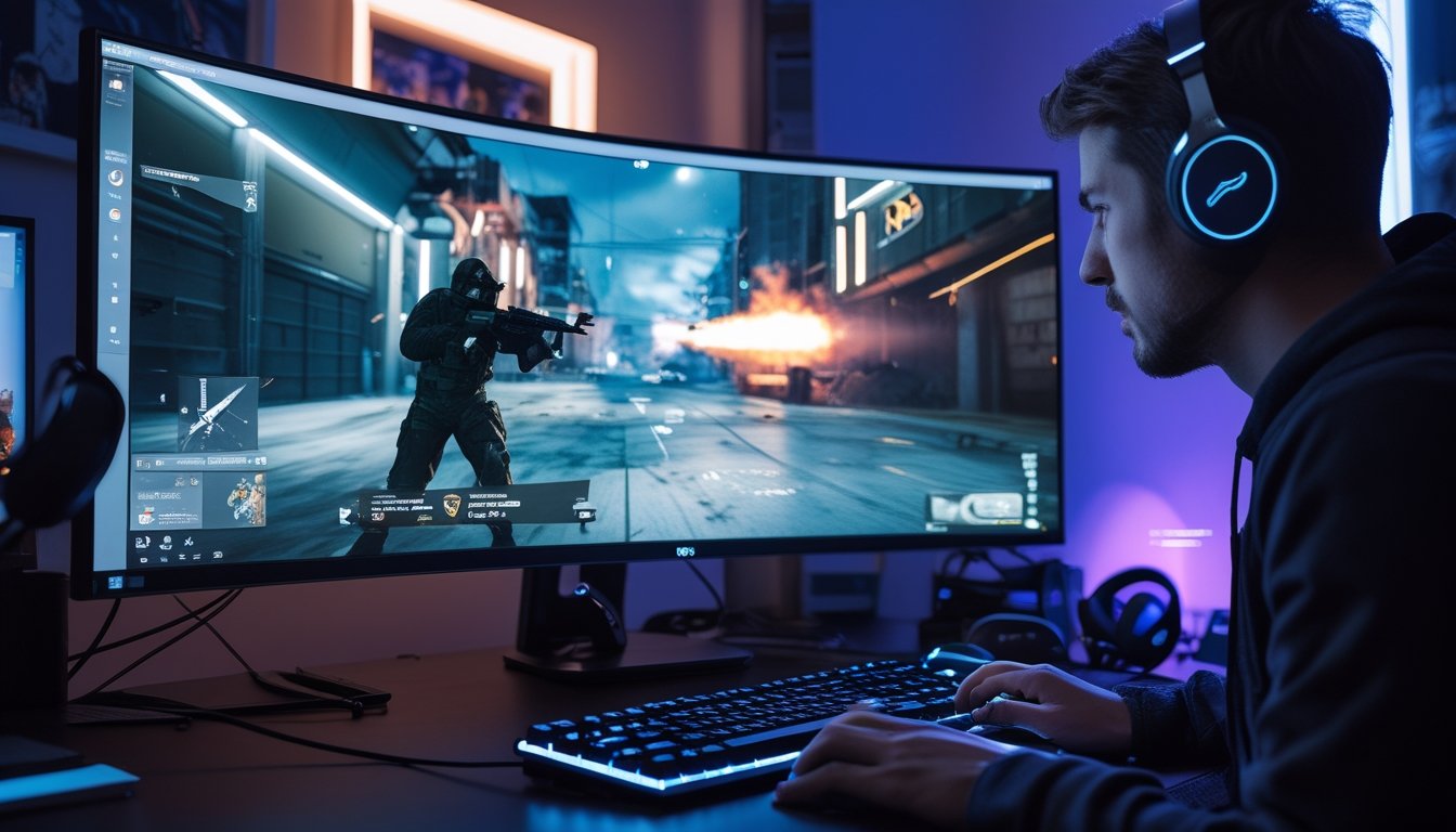 Seorang gamer sedang bermain Counter-Strike 2 di komputer dengan suasana ruangan yang gelap dan pencahayaan biru ungu.