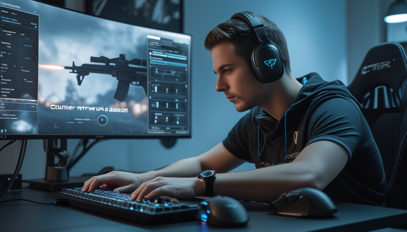 Seorang gamer yang fokus mengatur sensitivitas mouse di depan monitor besar dengan tampilan game Counter-Strike 2 2026.