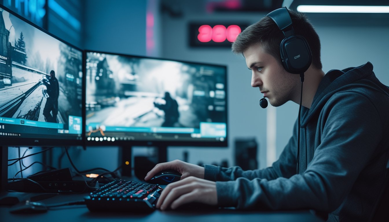 Seorang gamer sedang mengatur sensitivitas mouse di meja gaming dengan dua monitor yang menampilkan permainan tembak-menembak.