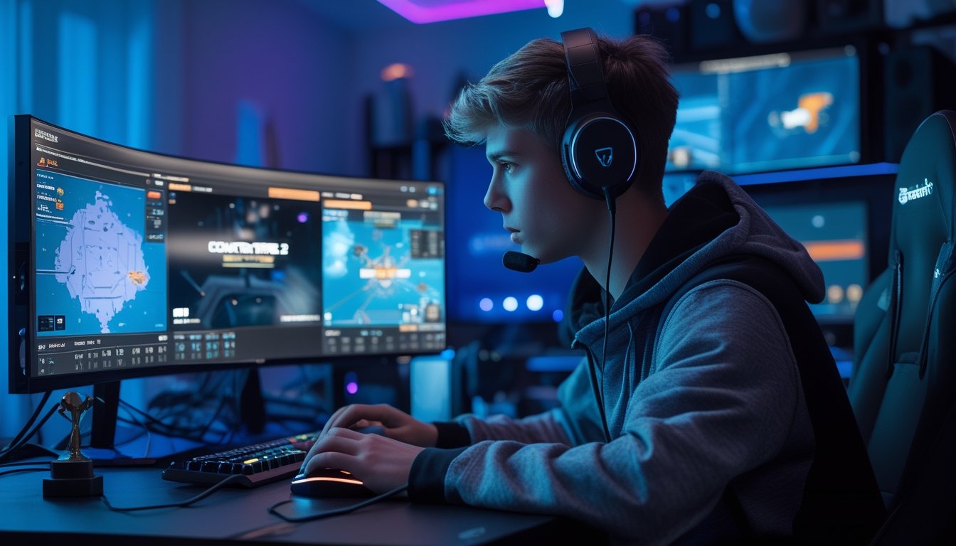 Seorang gamer pria muda fokus bermain Counter-Strike 2 di meja gaming dengan monitor besar dan lampu RGB di ruangan.