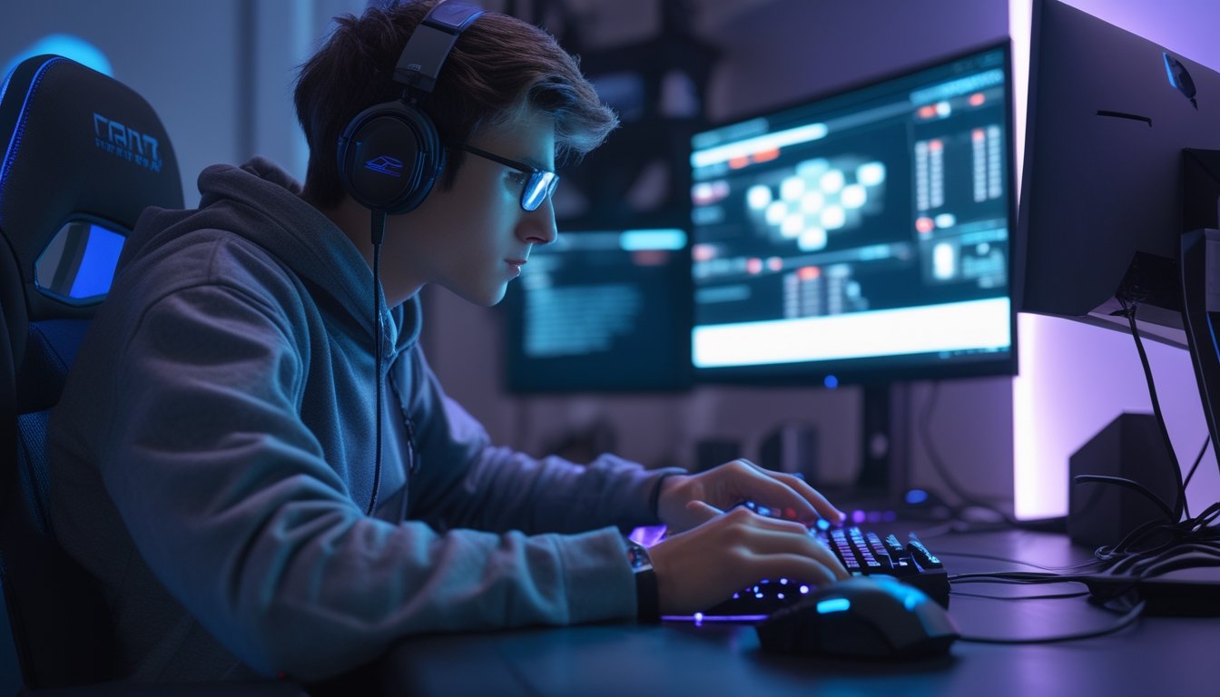Seorang gamer muda fokus bermain Counter-Strike 2 di setup gaming modern dengan pencahayaan biru dan ungu.