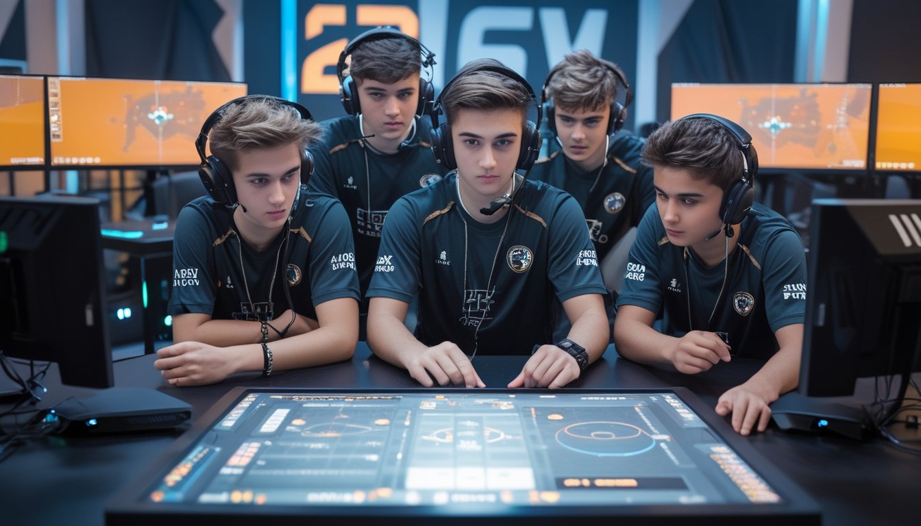 Tim pemain esports sedang berdiskusi dan merencanakan strategi di depan meja digital di arena gaming modern.