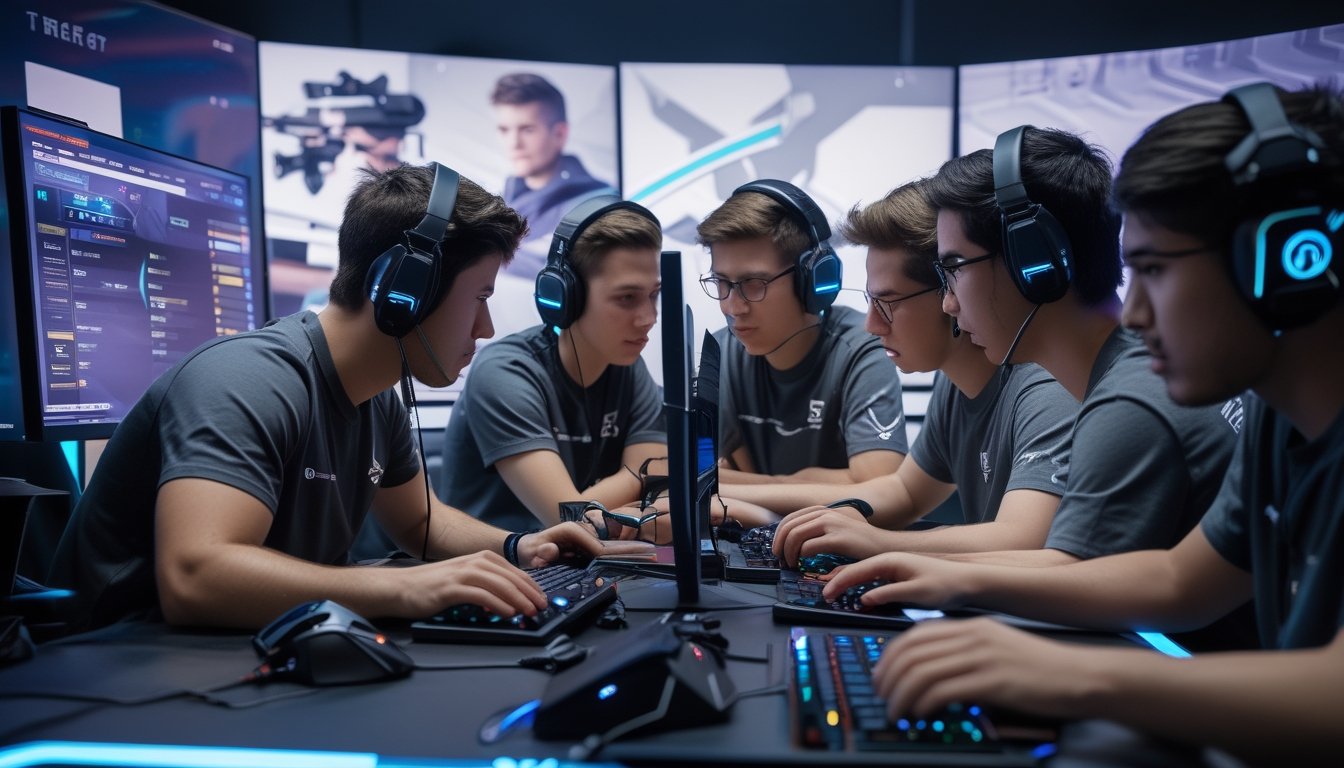 Sekelompok lima orang muda sedang berdiskusi dan merencanakan strategi di depan beberapa layar komputer dalam ruangan esports modern.