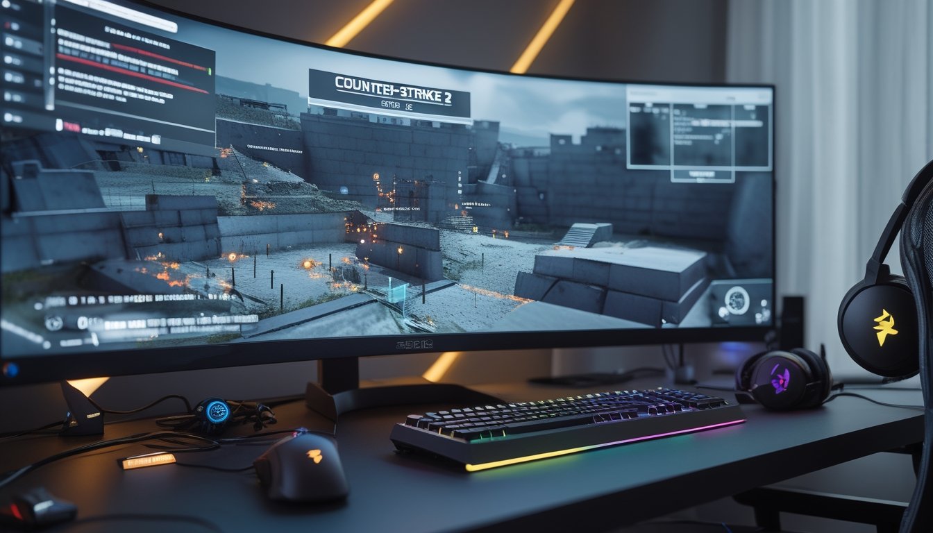 Sebuah ruangan gaming modern dengan monitor besar menampilkan peta permainan Counter-Strike 2, dilengkapi dengan keyboard dan mouse gaming di atas meja.