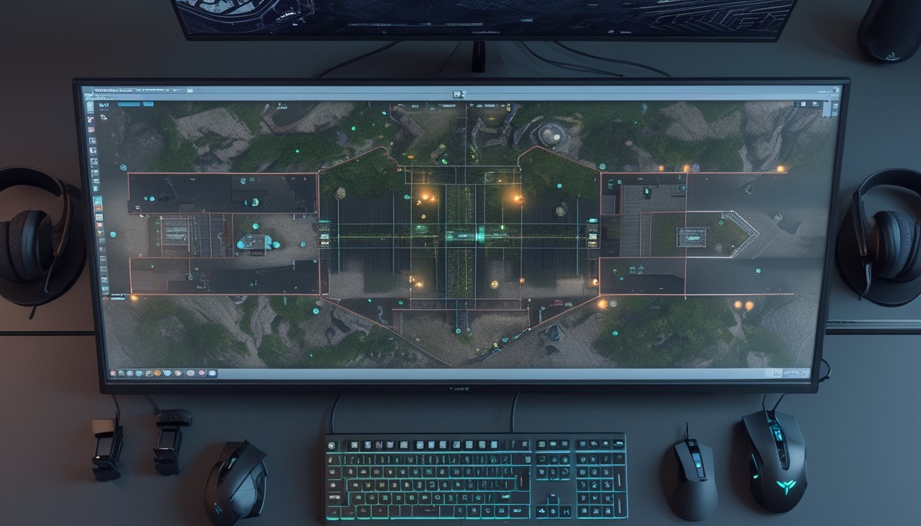 Tampilan atas sebuah setup gaming dengan monitor menampilkan peta digital detail dan perlengkapan gaming di sekitarnya.
