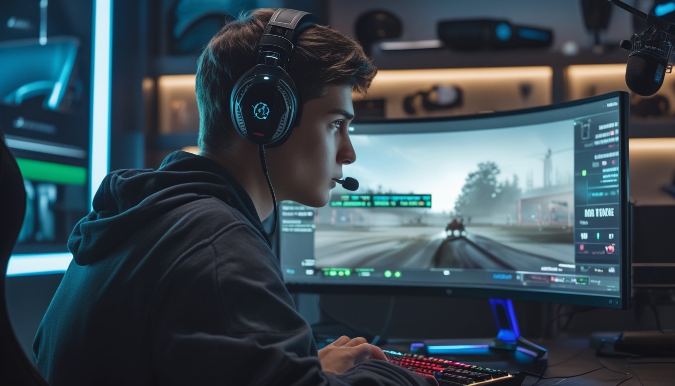 Seorang pemain muda sedang bermain game shooter taktis di komputer dengan perlengkapan gaming lengkap di ruangan berlampu RGB.