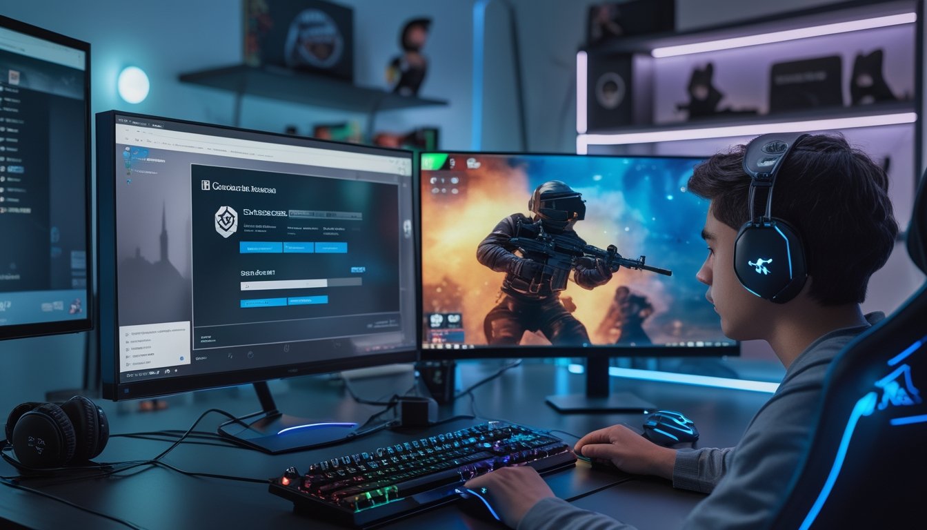 Seorang pemain muda sedang menyiapkan akun dan instalasi game di depan komputer dengan beberapa layar di ruang gaming yang rapi.