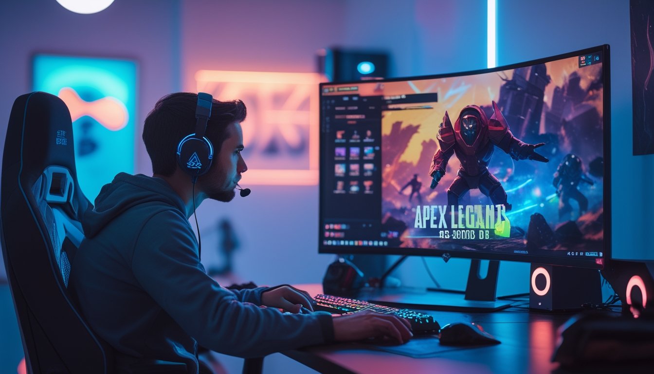 Seorang pemain game sedang fokus bermain Apex Legends di depan komputer dengan layar besar menampilkan adegan pertempuran, di sebuah ruangan gaming yang rapi dan modern.