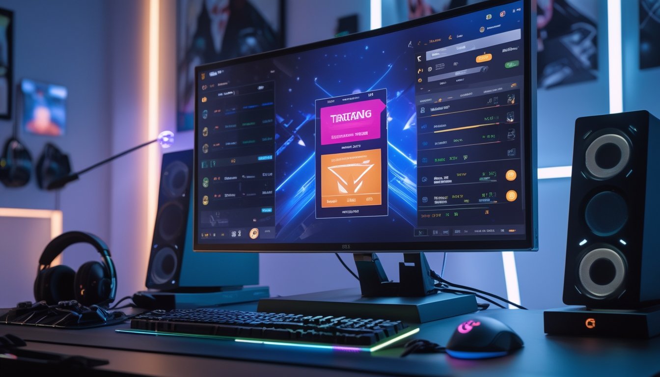 Sebuah setup gaming modern dengan komputer yang menampilkan layar permainan Apex Legends dan elemen peringkat serta strategi.