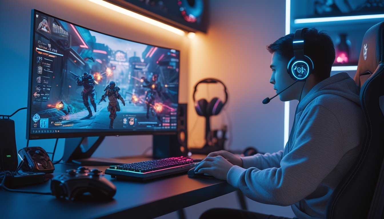 Seorang pemain muda sedang fokus bermain video game battle royale di depan komputer dengan peralatan gaming modern di sebuah ruangan yang terang dan rapi.