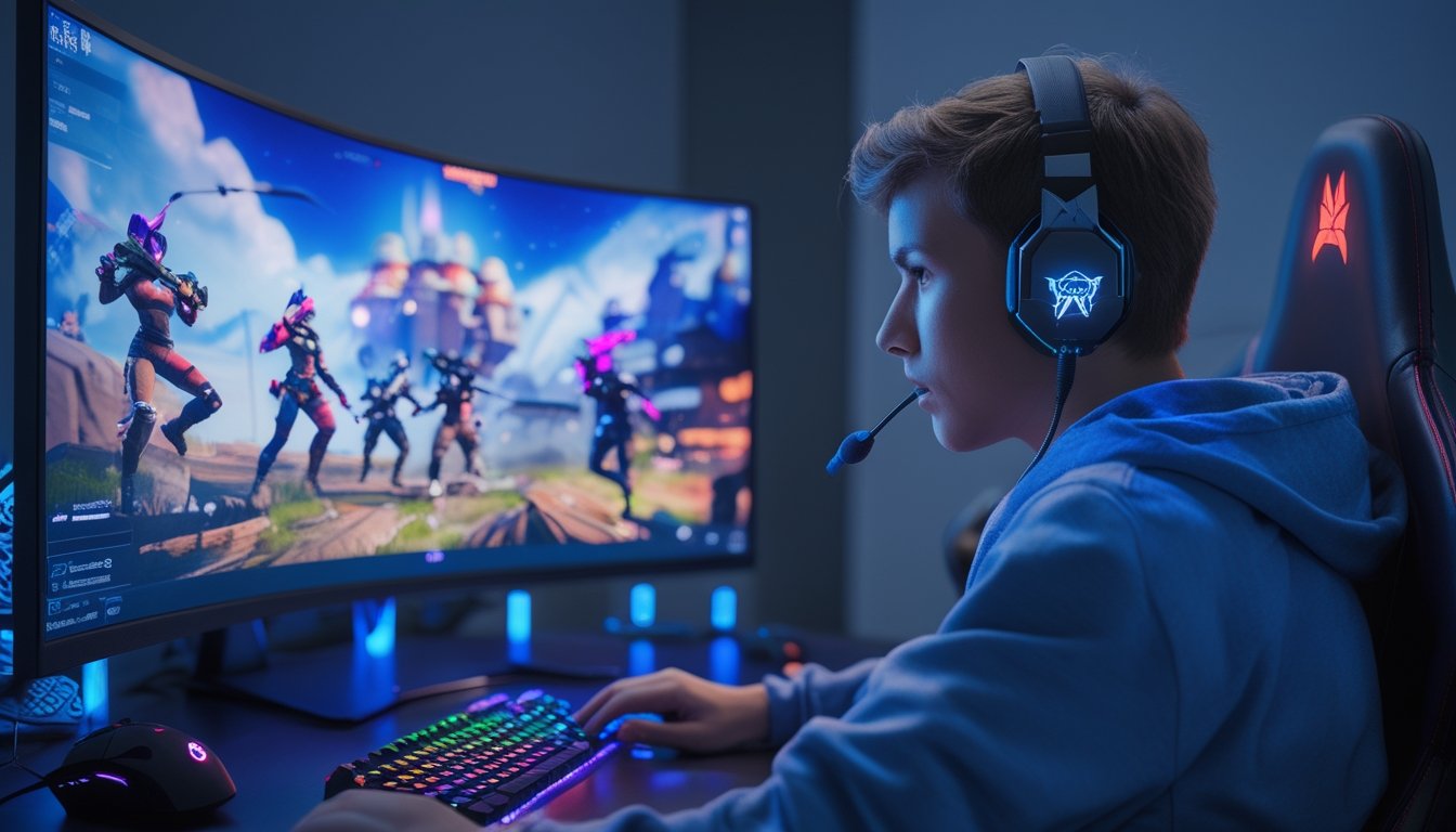 Seorang gamer muda sedang bermain game battle royale di depan layar komputer dengan peralatan gaming lengkap di ruangan berlampu biru dan ungu.