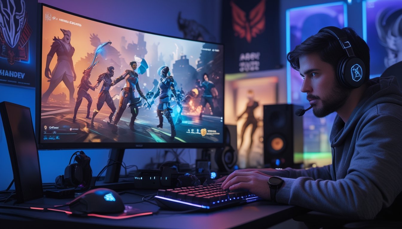 Seorang gamer fokus bermain Apex Legends 2026 di meja gaming dengan monitor besar dan perlengkapan gaming lengkap.