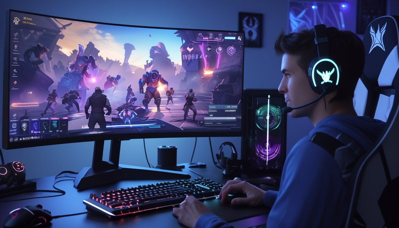 Seorang pemain sedang fokus bermain Apex Legends di depan monitor besar dengan perlengkapan gaming lengkap di meja.
