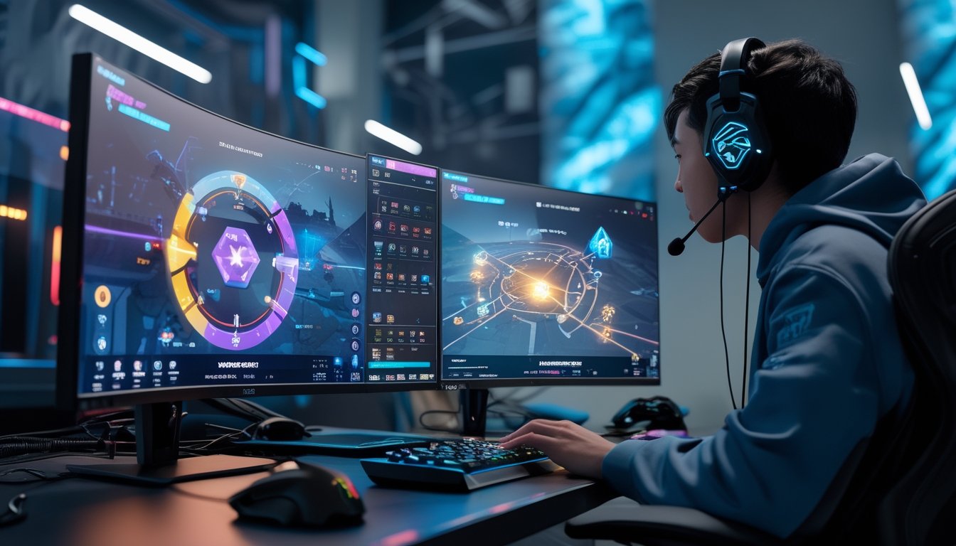 Seorang pemain game sedang fokus menggunakan setup gaming dengan beberapa monitor yang menampilkan peta strategi rotasi di Apex Legends 2026.