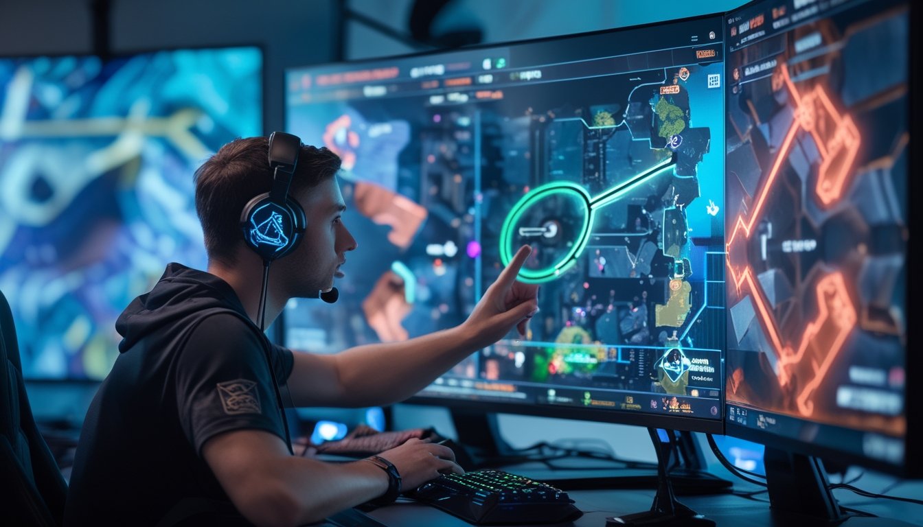 Seorang gamer fokus melihat peta digital permainan dengan layar yang menampilkan jalur rotasi dan posisi pemain.