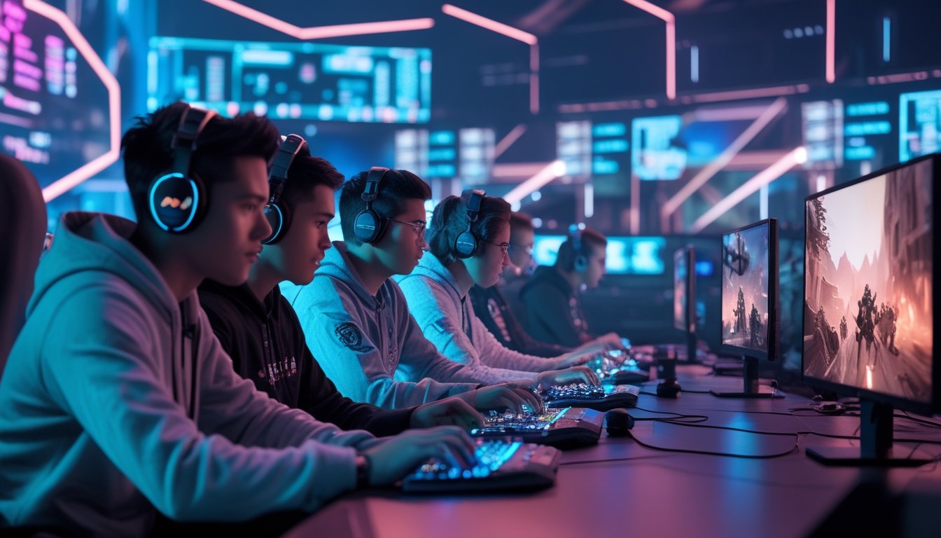 Sekelompok pemain game yang serius bermain di lingkungan futuristik dengan layar komputer dan pencahayaan neon.