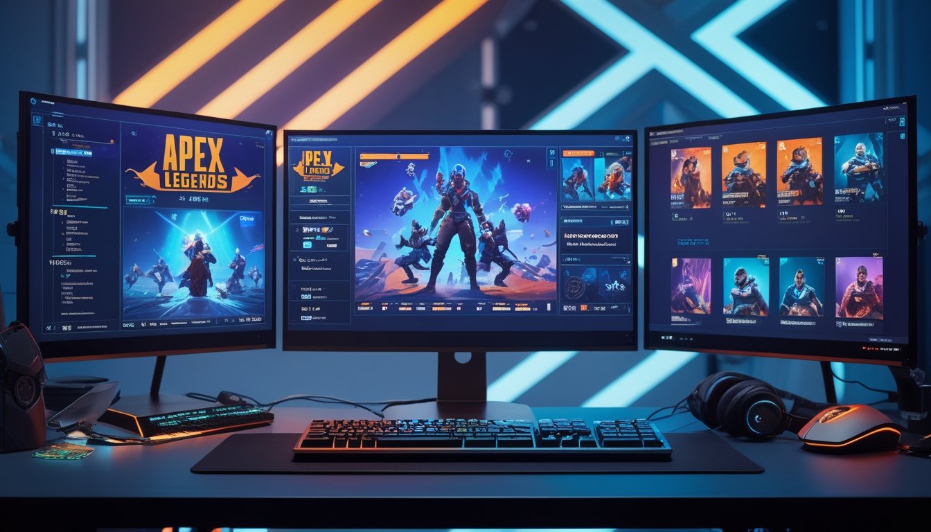Sebuah setup komputer gaming modern dengan layar menampilkan karakter dan gameplay Apex Legends, dilengkapi dengan aksesori gaming di meja.