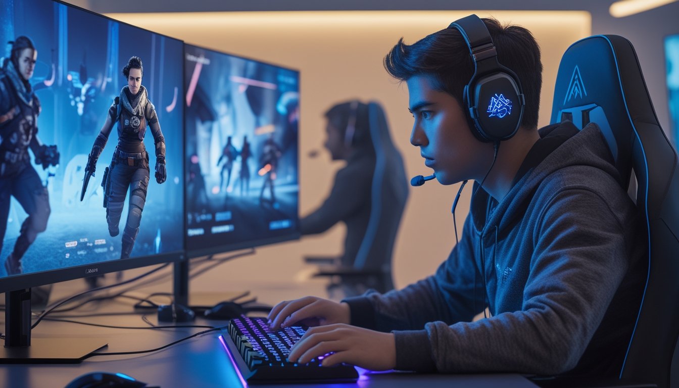 Seorang gamer muda fokus bermain Apex Legends dengan setup gaming modern dan latar belakang ruangan yang rapi dan terang.