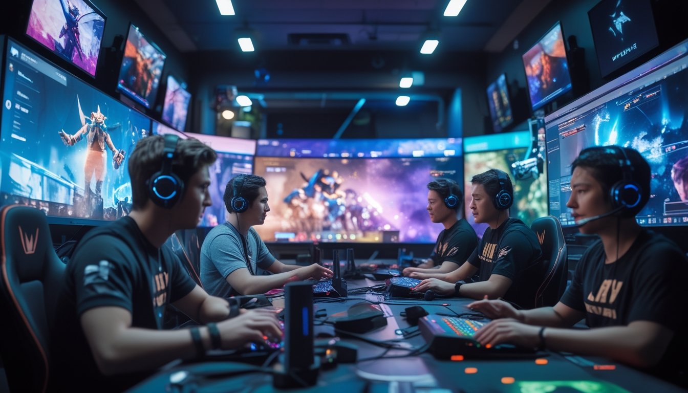Sekelompok pemain sedang bermain Apex Legends bersama di ruang esports yang modern dan terang, fokus dalam pertandingan kompetitif tanpa konflik.